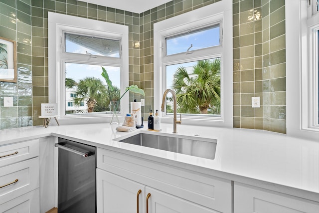 kitchen with a sink, white cabinets, stainless steel dishwasher, and plenty of natural light