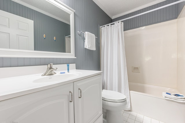 bathroom with toilet, ornamental molding, shower / tub combo with curtain, tile patterned floors, and vanity