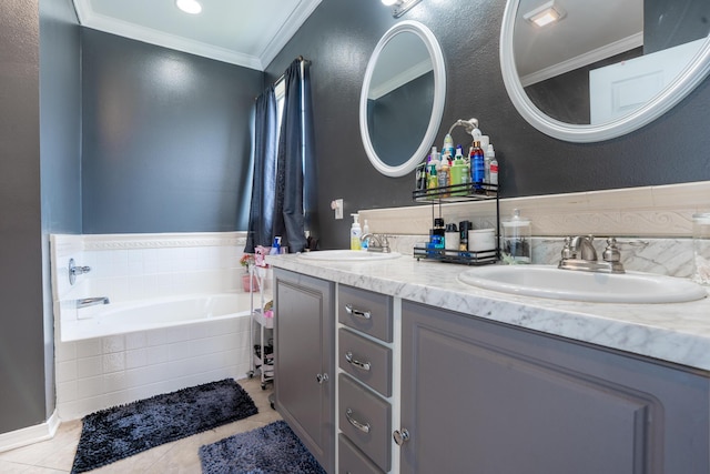 full bathroom featuring a sink, tile patterned flooring, ornamental molding, and a garden tub