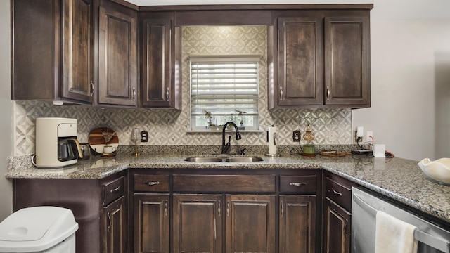 199 W Italian Ave, Defuniak Springs, FL 32433 - kitchen with a sink, dishwasher, dark brown cabinetry, tasteful backsplash, and stone countertops