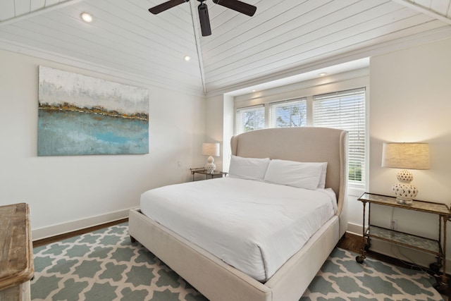 bedroom with recessed lighting, baseboards, a ceiling fan, wood finished floors, and vaulted ceiling
