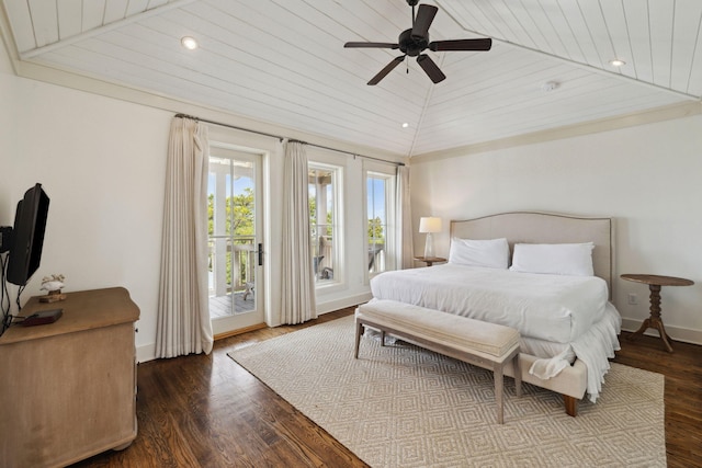bedroom featuring wooden ceiling, baseboards, vaulted ceiling, and access to exterior