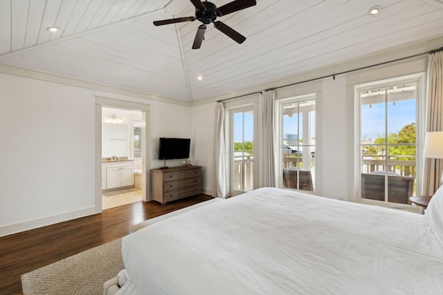 bedroom with ensuite bath, dark wood finished floors, lofted ceiling, access to outside, and recessed lighting