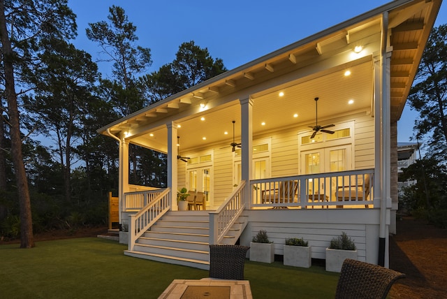 380 N Wall St, Inlet Beach, FL 32461 - rear view of house with ceiling fan, covered porch, a yard, and stairs