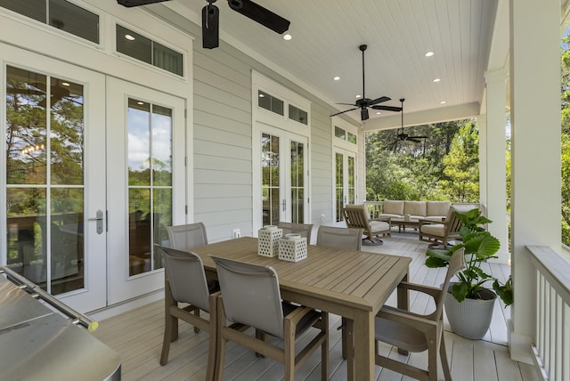 380 N Wall St, Inlet Beach, FL 32461 - wooden terrace with french doors, a ceiling fan, outdoor dining area, and outdoor lounge area