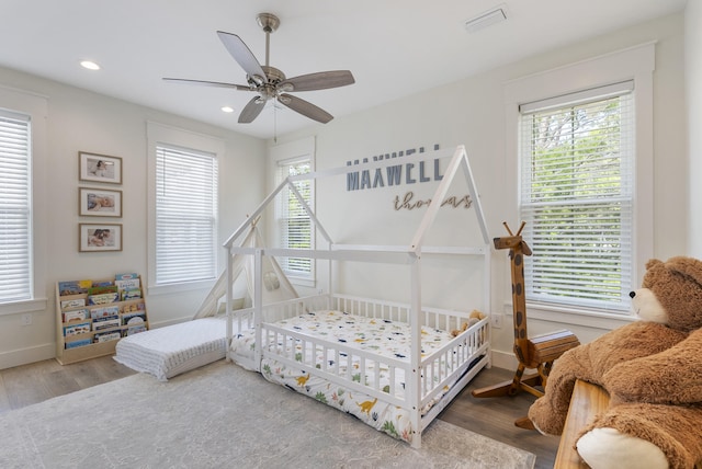 380 N Wall St, Inlet Beach, FL 32461 - bedroom with wood finished floors, baseboards, recessed lighting, and a ceiling fan