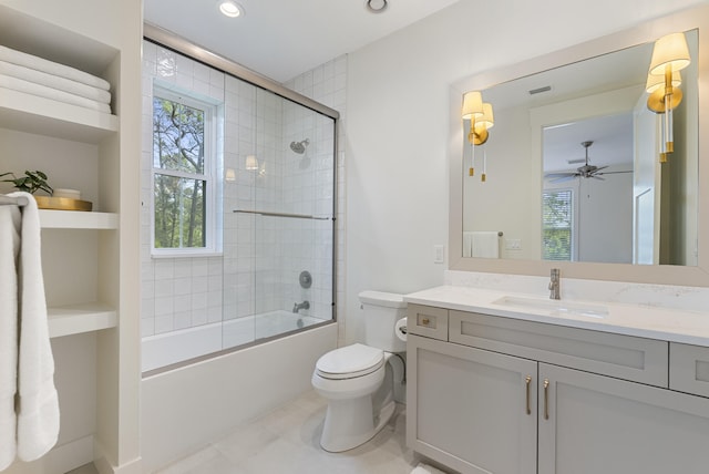 380 N Wall St, Inlet Beach, FL 32461 - bathroom featuring toilet, vanity, bath / shower combo with glass door, ceiling fan, and recessed lighting
