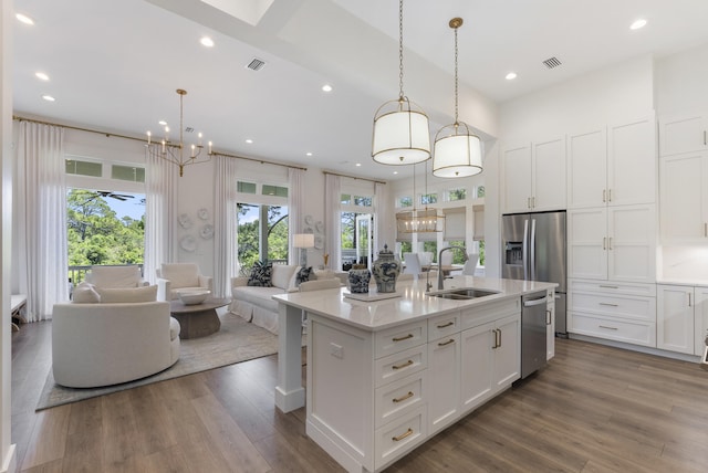 380 N Wall St, Inlet Beach, FL 32461 - kitchen featuring a sink, a chandelier, stainless steel appliances, open floor plan, and recessed lighting