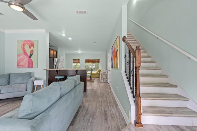 114 Rearden Way, Santa Rosa Beach, FL 32459 - living room featuring stairs, light wood finished floors, a ceiling fan, recessed lighting, and baseboards