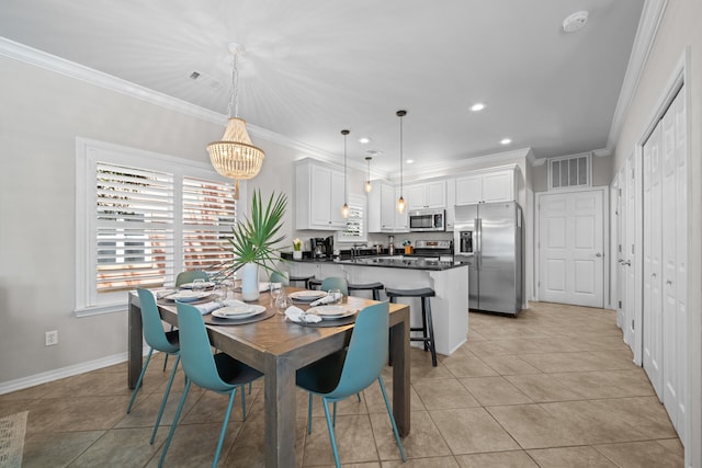 dining space featuring recessed lighting, healthy amount of natural light, ornamental molding, baseboards, and light tile patterned floors