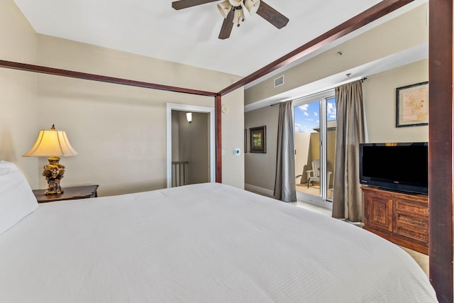 bedroom featuring ceiling fan, access to outside, and visible vents