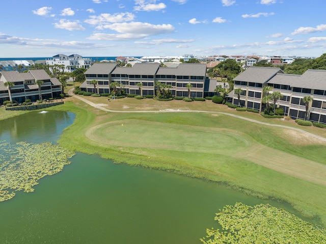 aerial view featuring a water view and golf course view