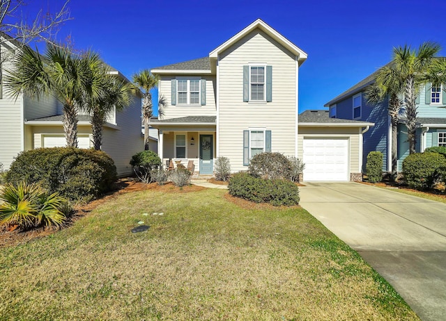 175 Christian Dr, Santa Rosa Beach, FL 32459 - traditional home with a front lawn, covered porch, roof with shingles, concrete driveway, and an attached garage