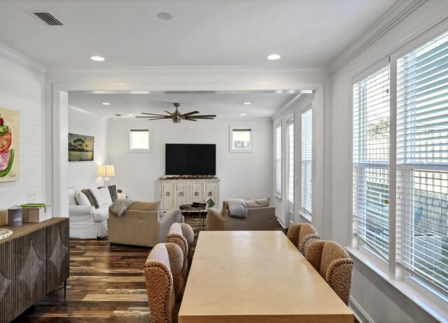 175 Christian Dr, Santa Rosa Beach, FL 32459 - dining space featuring ceiling fan, visible vents, crown molding, dark wood-style floors, and recessed lighting
