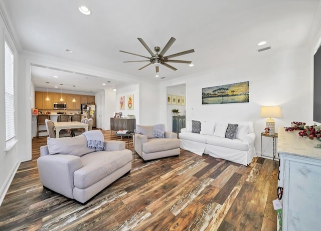 175 Christian Dr, Santa Rosa Beach, FL 32459 - living area with ornamental molding, a ceiling fan, dark wood finished floors, and visible vents
