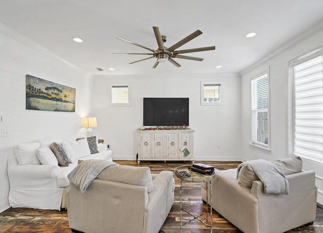 175 Christian Dr, Santa Rosa Beach, FL 32459 - living room with ceiling fan, ornamental molding, and baseboards