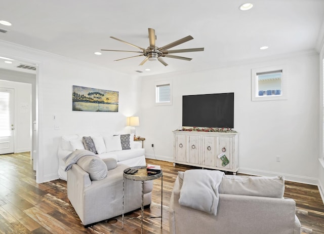 175 Christian Dr, Santa Rosa Beach, FL 32459 - living area with baseboards, ornamental molding, ceiling fan, and recessed lighting