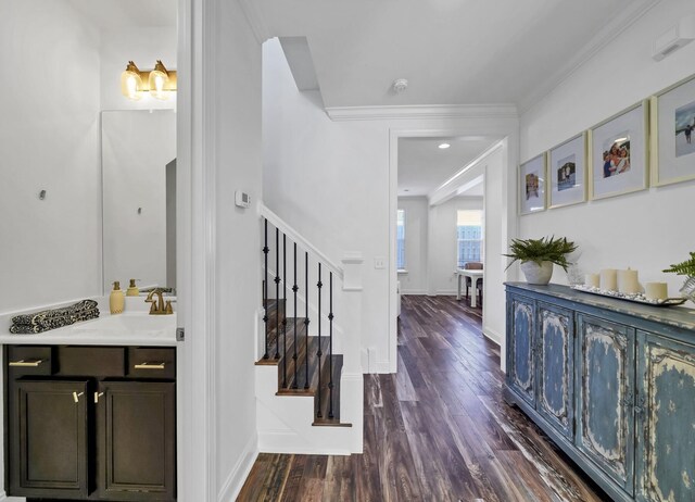 175 Christian Dr, Santa Rosa Beach, FL 32459 - interior space with baseboards, ornamental molding, dark wood finished floors, and stairs