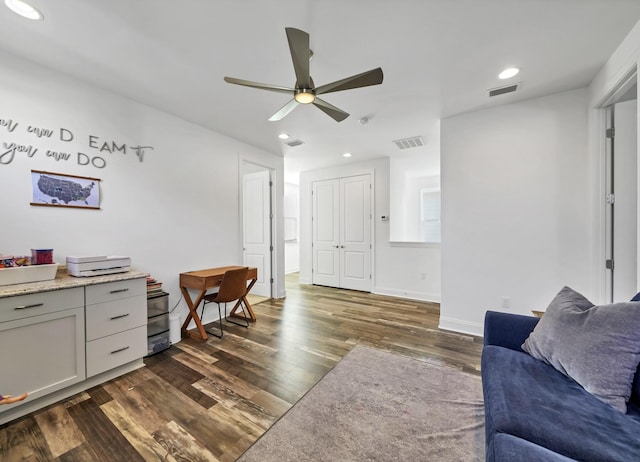 175 Christian Dr, Santa Rosa Beach, FL 32459 - living room featuring visible vents, a ceiling fan, dark wood finished floors, and recessed lighting