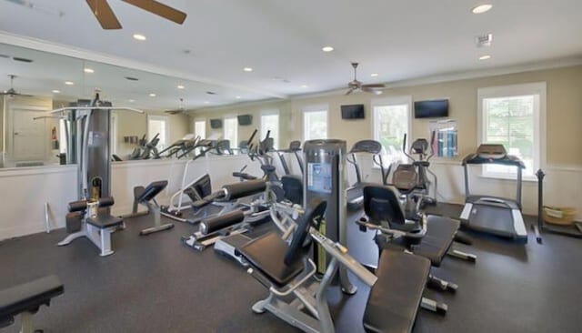175 Christian Dr, Santa Rosa Beach, FL 32459 - workout area with crown molding, plenty of natural light, and a ceiling fan