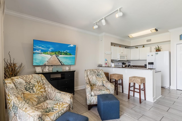 16819 Front Beach Rd Unit 1114, Panama City Beach, FL 32413 - living area with crown molding, wood tiled floors, and baseboards