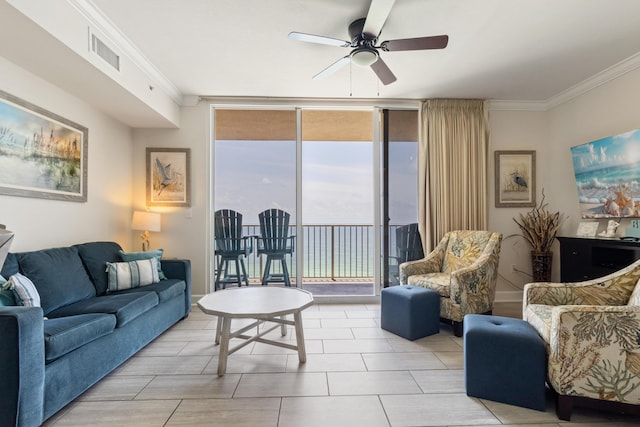16819 Front Beach Rd Unit 1114, Panama City Beach, FL 32413 - living room with floor to ceiling windows, ornamental molding, and ceiling fan