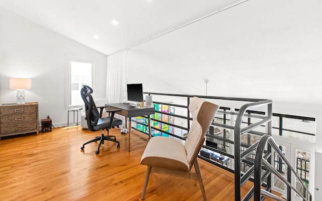 office space featuring lofted ceiling, recessed lighting, and wood finished floors
