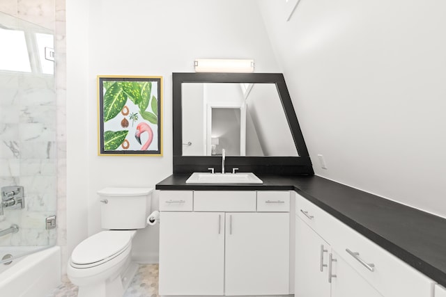 bathroom with vanity, toilet, shower / tub combination, and baseboards