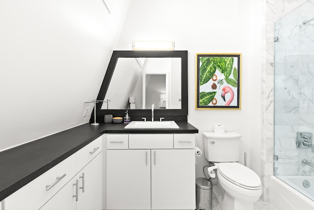 full bathroom with vanity, toilet, shower / washtub combination, and marble finish floor
