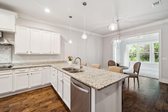 180 Blakely Drew Blvd, Santa Rosa Beach, FL 32459 - kitchen featuring stainless steel dishwasher, a sink, a peninsula, dark wood-style flooring, and wall chimney range hood