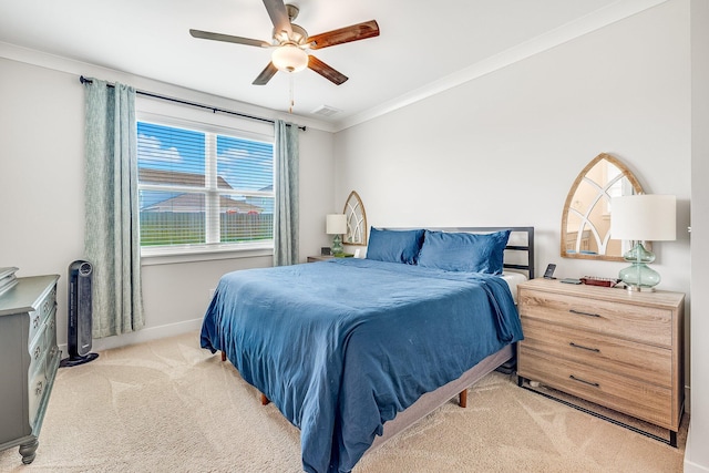 2108 Royal Tern St, Panama City, FL 32405 - bedroom with ceiling fan, light carpet, baseboards, visible vents, and ornamental molding