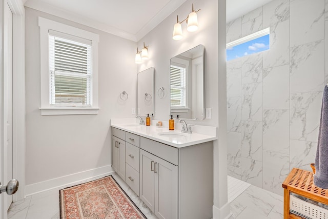 2108 Royal Tern St, Panama City, FL 32405 - full bathroom with a walk in shower, double vanity, a sink, and marble finish floor