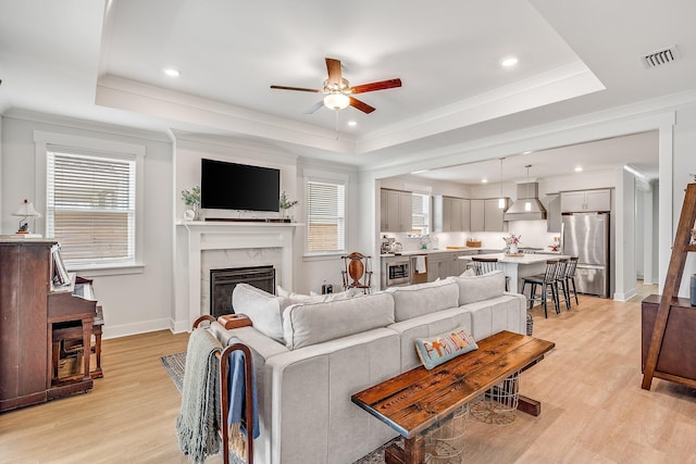 2108 Royal Tern St, Panama City, FL 32405 - living room featuring light wood-style floors, ceiling fan, a tray ceiling, and a healthy amount of sunlight