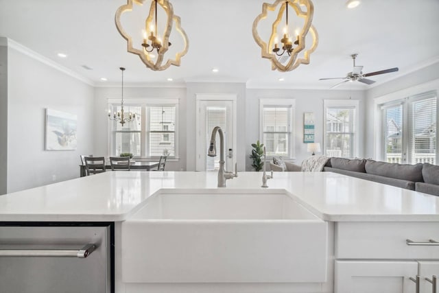 128 Wharf Ln Unit A, Inlet Beach, FL 32461 - kitchen with stainless steel dishwasher, ornamental molding, open floor plan, and light countertops