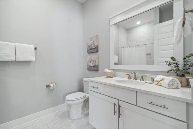 128 Wharf Ln Unit A, Inlet Beach, FL 32461 - bathroom featuring baseboards, marble finish floor, toilet, curtained shower, and vanity