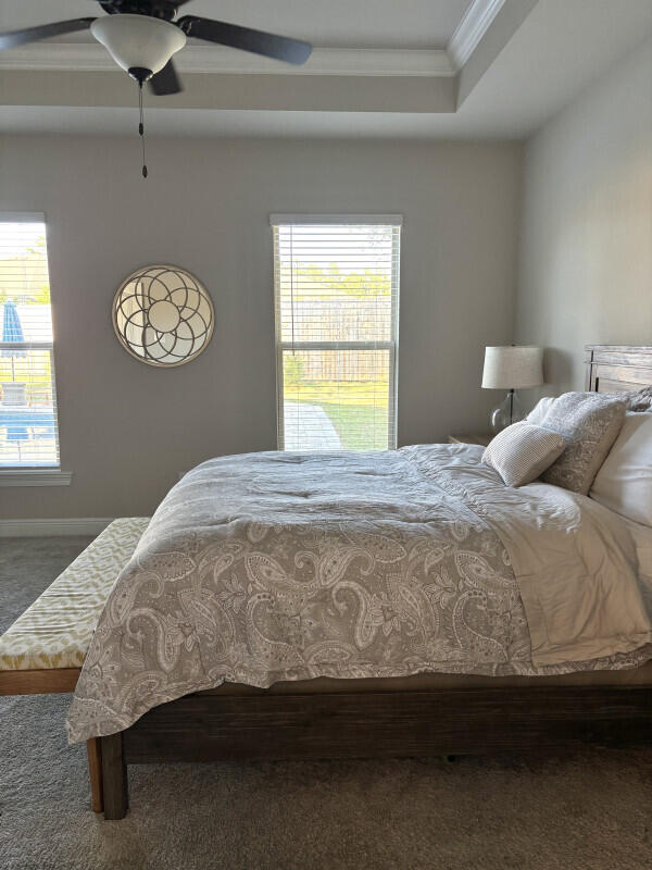 bedroom featuring multiple windows, ornamental molding, a raised ceiling, and carpet floors
