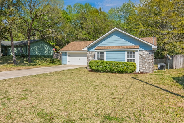 511 Oak Ave, Niceville, FL 32578 - ranch-style home with central AC, concrete driveway, an attached garage, brick siding, and a chimney