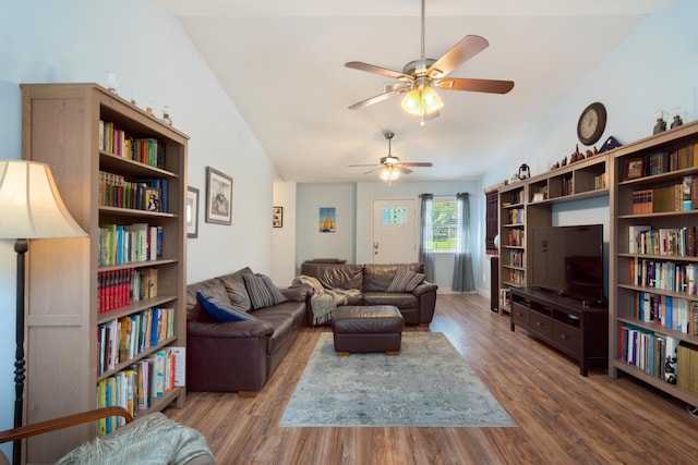 511 Oak Ave, Niceville, FL 32578 - living area with lofted ceiling, ceiling fan, and wood finished floors