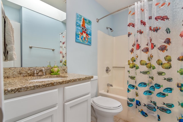 511 Oak Ave, Niceville, FL 32578 - full bathroom with vanity, shower / bath combination with curtain, toilet, and tile patterned flooring