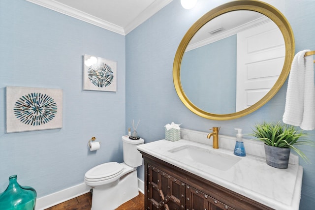 half bath featuring toilet, wood finished floors, crown molding, visible vents, and vanity