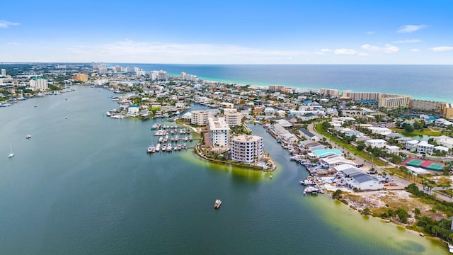 aerial view with a city view and a water view