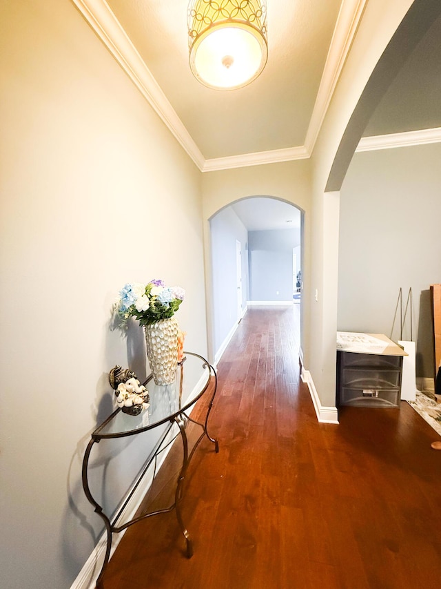 897 Cocobolo Dr, Santa Rosa Beach, FL 32459 - corridor featuring arched walkways, dark wood-style floors, crown molding, and baseboards