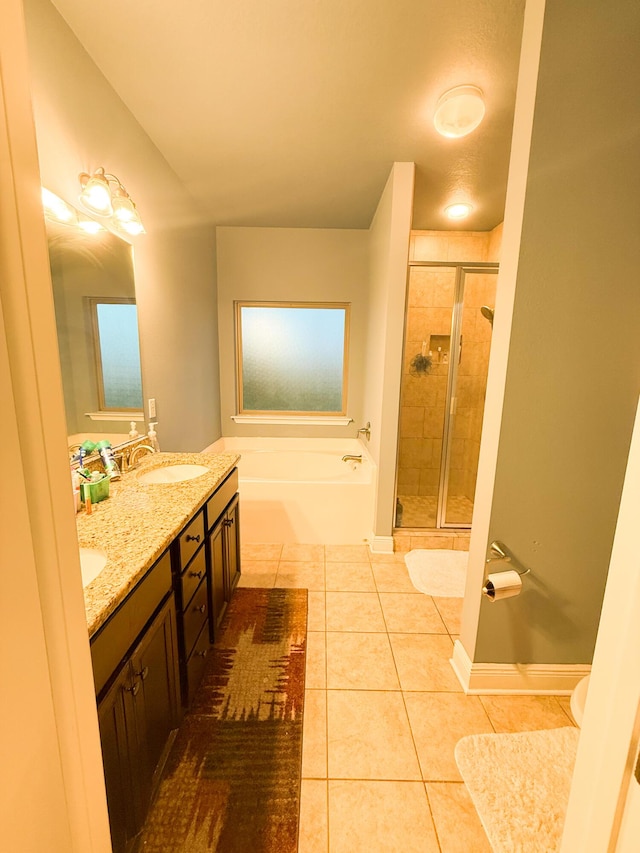 897 Cocobolo Dr, Santa Rosa Beach, FL 32459 - full bath with tile patterned floors, a garden tub, a shower stall, and double vanity