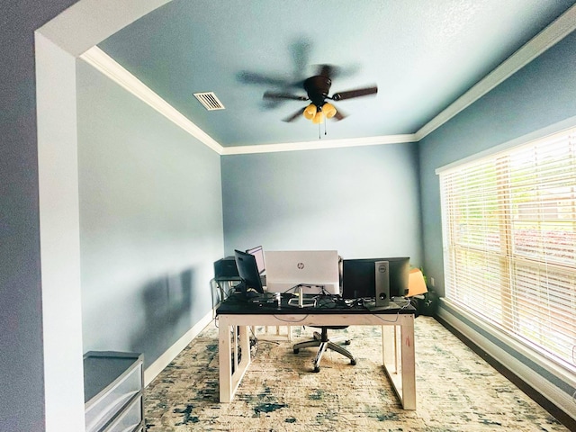 897 Cocobolo Dr, Santa Rosa Beach, FL 32459 - office area with ceiling fan, ornamental molding, and baseboards