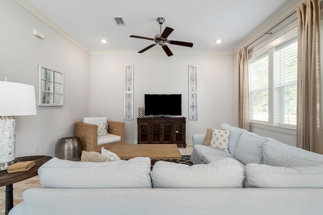 living area with crown molding, ceiling fan, visible vents, and recessed lighting