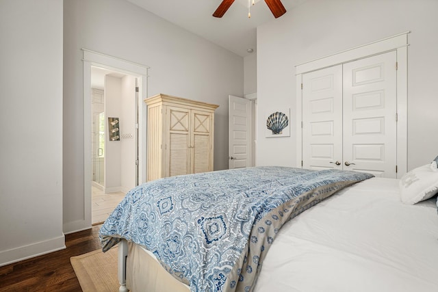 bedroom featuring a closet, a ceiling fan, wood finished floors, and baseboards