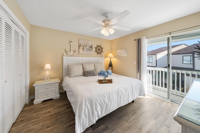 bedroom with a closet, wood finished floors, ceiling fan, and access to exterior