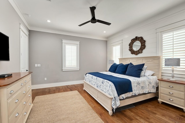 257 Matts Way, Santa Rosa Beach, FL 32459 - bedroom featuring dark wood-type flooring, baseboards, ceiling fan, ornamental molding, and recessed lighting