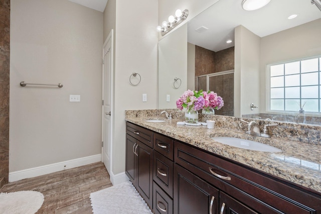 bathroom featuring a sink, double vanity, a shower stall, and wood finished floors