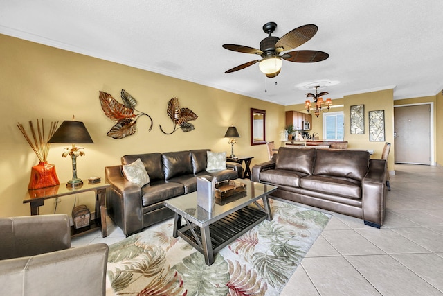 502 Gulf Shore Dr Unit 413, Destin, FL 32541 - living room with ceiling fan, crown molding, light tile patterned flooring, a chandelier, and a textured ceiling